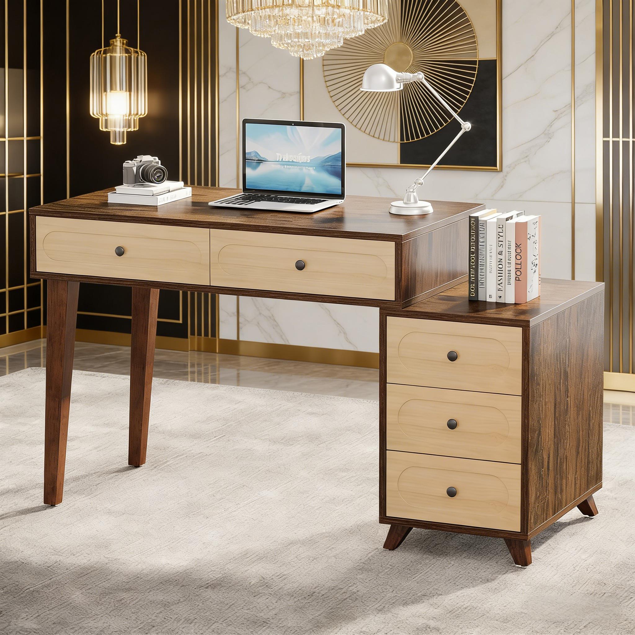 5 Drawers Computer Desk, 51" Study Writing Table With Reversible Drawer Cabinet_voghion.com